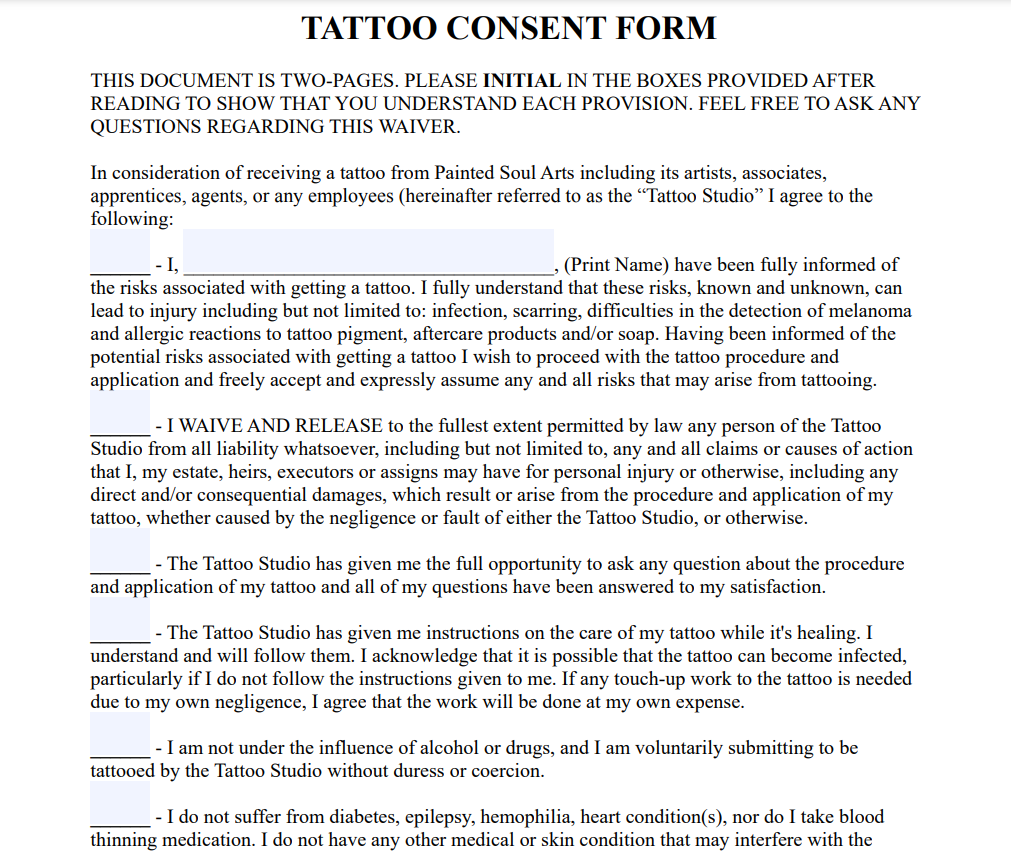 Basic Tattoo Consent Form