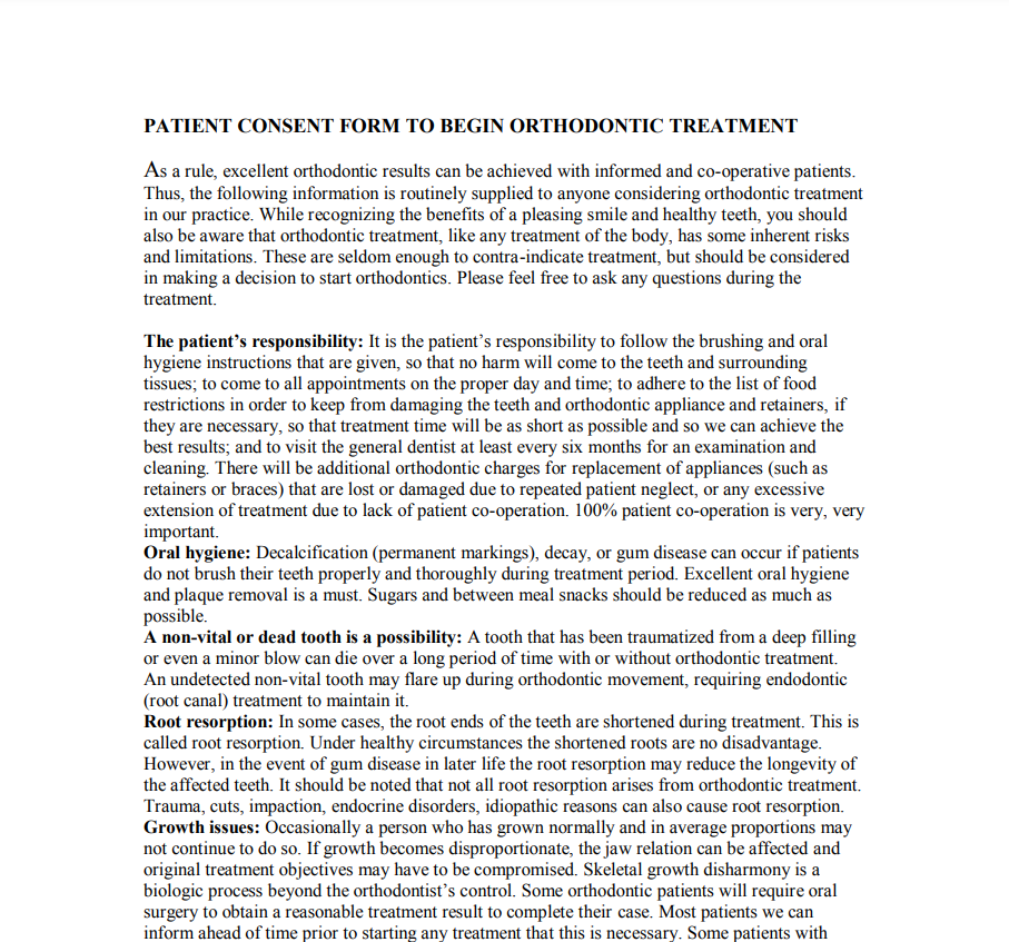 Orthodontic Treatment Consent Form